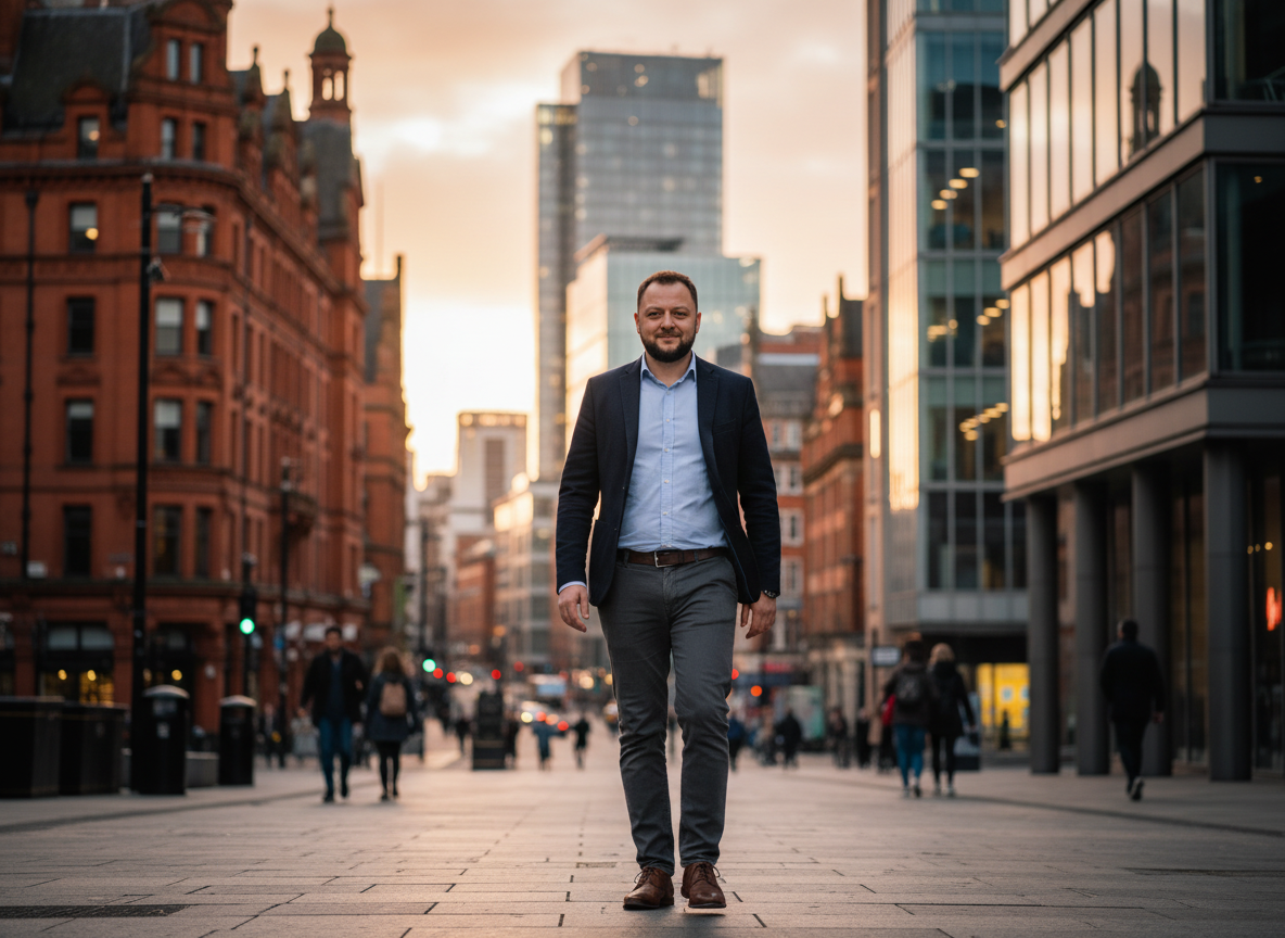 Adrian Matousu walking through Manchester city center, founder of Escave Group