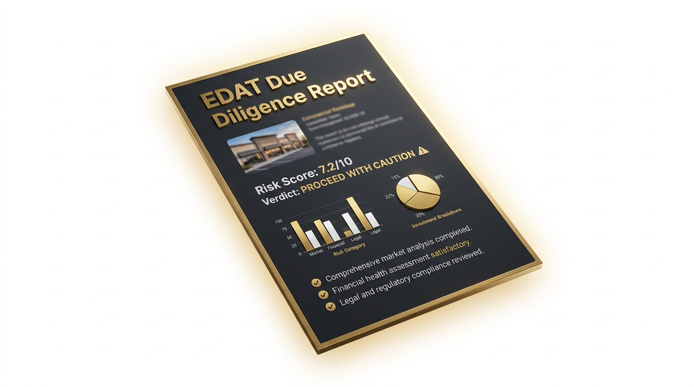EDAT Due Diligence Report showing risk analysis, verification scores, and Go/No-Go verdict